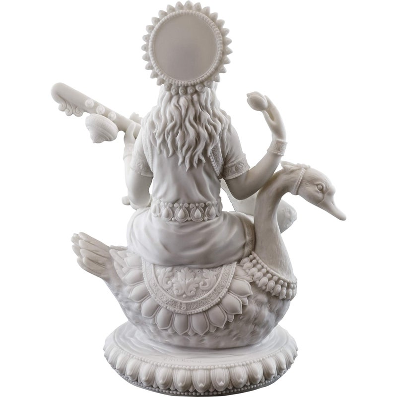 Top Collection 8" H 7" W Saraswati on Swan Statue in White Marble Finish - Hindu Goddess of Knowledge Sculpture - Image 3